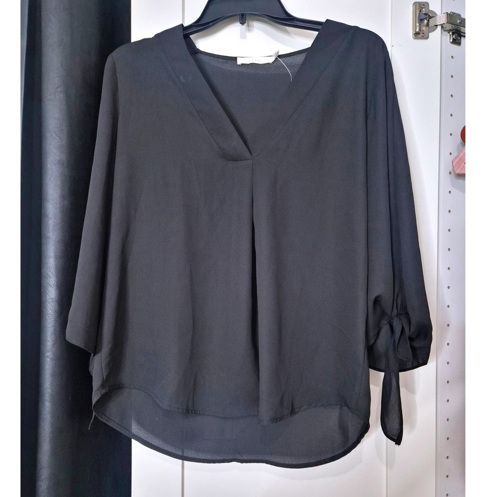 Lush Black V-Neck Tie Sleeve Draped Chiffon Blouse Size Small